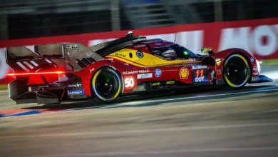 Ferrari 499P Hypercar running in the morning hours at Le Mans, holding position inside the top ten.