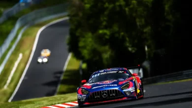 Max Verstappen driving the Winward Racing Mercedes‑AMG GT3 through the rolling hills of the Nürburgring Nordschleife. © 24h Nürburgring Media.