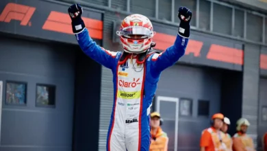 John Bennett celebrates his victory in the F2 Sprint Race Spielberg after dramatic last‑lap chaos. © Trident Racing