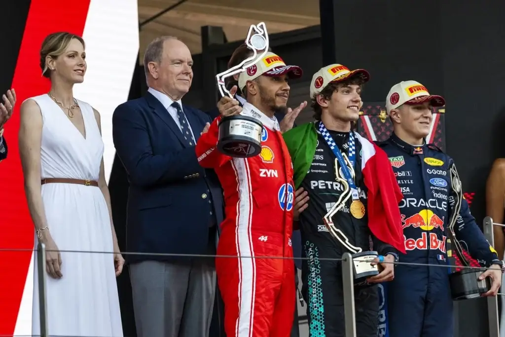 Lewis Hamilton, Kimi Antonelli and Isack Hadjar share the F1 Grand Prix of Monaco race podium © Mercedes-AMG Petronas F1 Team Media