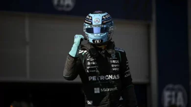 George Russell celebrates his Austrian GP victory in Spielberg after holding off Verstappen’s late charge, with Mercedes executing perfect race management. © MercedesMediaCentre