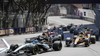 Start of the Monaco Grand Prix with Max Verstappen’s Red Bull stopped before reaching his first grid box.