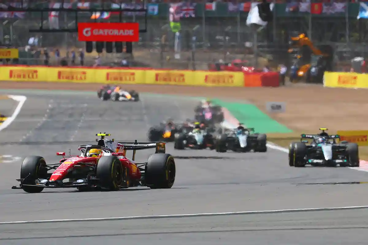 Lewis Hamilton driving the Ferrari SF‑26 during the British GP Sprint at Silverstone, connected to the focus keyphrase: Antonelli British GP qualifying pole Russell crashes.