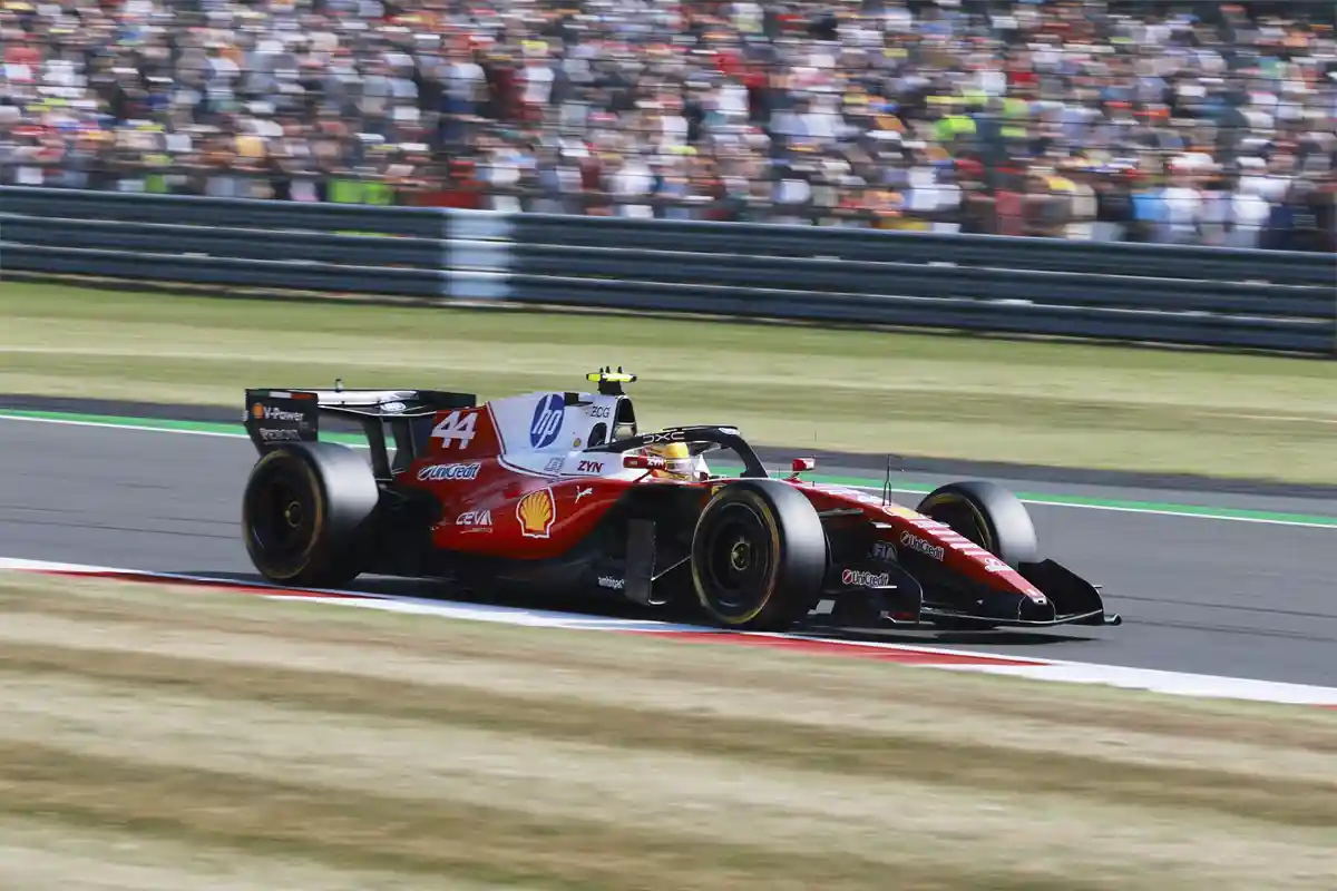 Lewis Hamilton on his pole lap at the British Grand Prix, captured during the Silverstone sprint weekend schedule and weather session — © Ferrari Media Centre