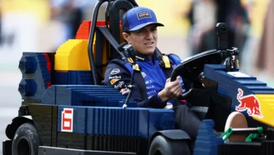 Isack Hadjar drives a Lego Minicar during the Silverstone drivers parade, adding personality to his Isack Hadjar stepping up storyline.