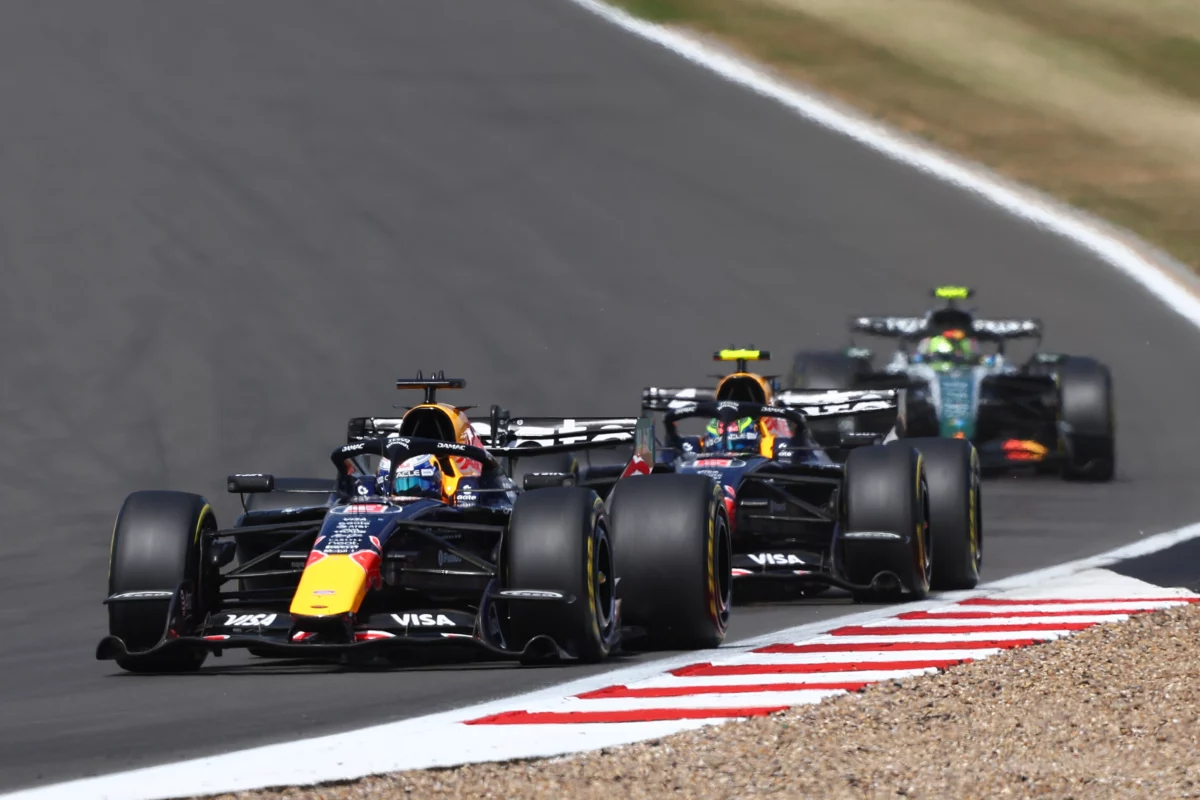Max Verstappen leads Isack Hadjar at Silverstone during the British GP, illustrating Hadjar’s Isack Hadjar stepping up competitiveness.
