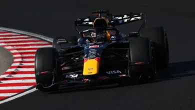 Max Verstappen driving the Red Bull Racing RB22 during practice for the 2026 Hungarian Grand Prix at the Hungaroring in Budapest, Hungary, photographed by Clive Rose for Getty Images.