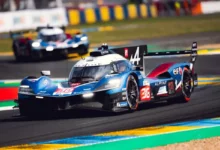 Alpine A424 Hypercar at speed during the 24 Hours of Le Mans, reflecting the momentum behind Alpine sets WEC Sao Paulo FP3 pace.