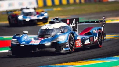 Alpine A424 Hypercar at speed during the 24 Hours of Le Mans, reflecting the momentum behind Alpine sets WEC Sao Paulo FP3 pace.