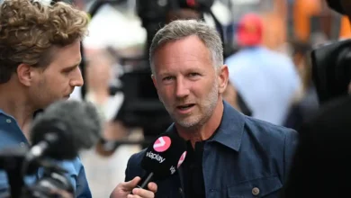 Christian Horner in the paddock during Race Day at the 2026 British Grand Prix at Silverstone, directly linked to the focus keyphrase: Red Bull under pressure as Mercedes gains at Silverstone. © SimonxWest