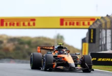 Lando Norris driving the McLaren MCL40 Mercedes during the Sprint at Circuit Zandvoort, taking his final Dutch GP pole position. Copyright Pirelli.