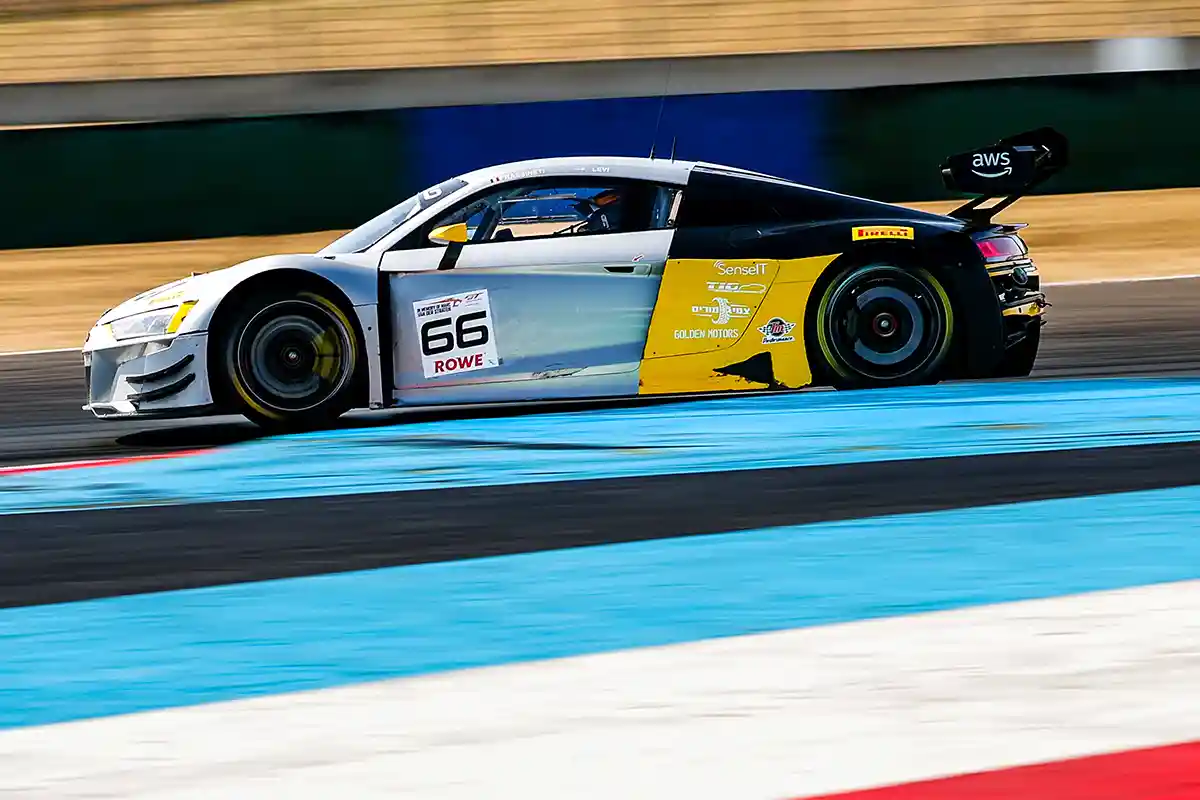 Audi R8 LMS GT3 EVO II #66 from Tresor Attempto Racing, driven by Andrea Frassineti and Ariel Levi during GT World Challenge Europe action.