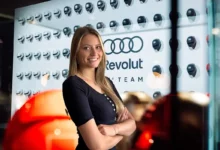 Clara Stiebleichinger during an Audi Revolut F1 Academy Programme moment, captured in a clean studio setting.
