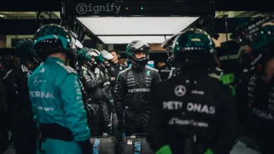 Mercedes F1 car during Bahrain pre‑season testing, captured by Mercedes Media Centre, highlighting early F1 2026 ADUO engine development work.