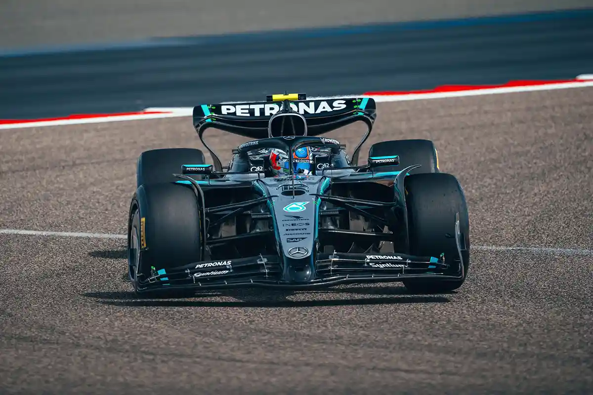 Mercedes W17 running during the Bahrain pre‑season test, showcasing early engine performance leadership before later receiving ADUO development tokens. Copyright Mercedes Media Centre.
