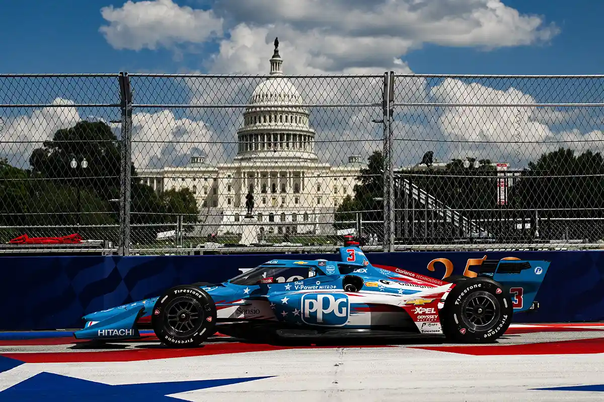 Scott McLaughlin during the Freedom 250 Grand Prix in Washington D.C., captured by James Black, set against the wider Kirkwood wins Washington Grand Prix storyline shaping the 2026 IndyCar weekend.