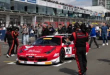 The #87 Ferrari 458 GT3 EVO of Beaubelique and Pla on the Nürburgring grid