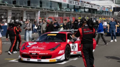 The #87 Ferrari 458 GT3 EVO of Beaubelique and Pla on the Nürburgring grid