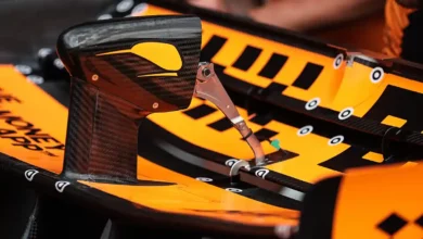 Close‑up detail of the McLaren rear wing showing its fully opened F1 2026 active aero mechanism. Copyright IMAGO.