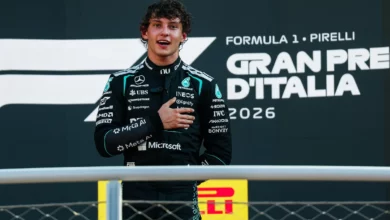 Kimi Antonelli celebrates his Italian Grand Prix win on the Monza podium