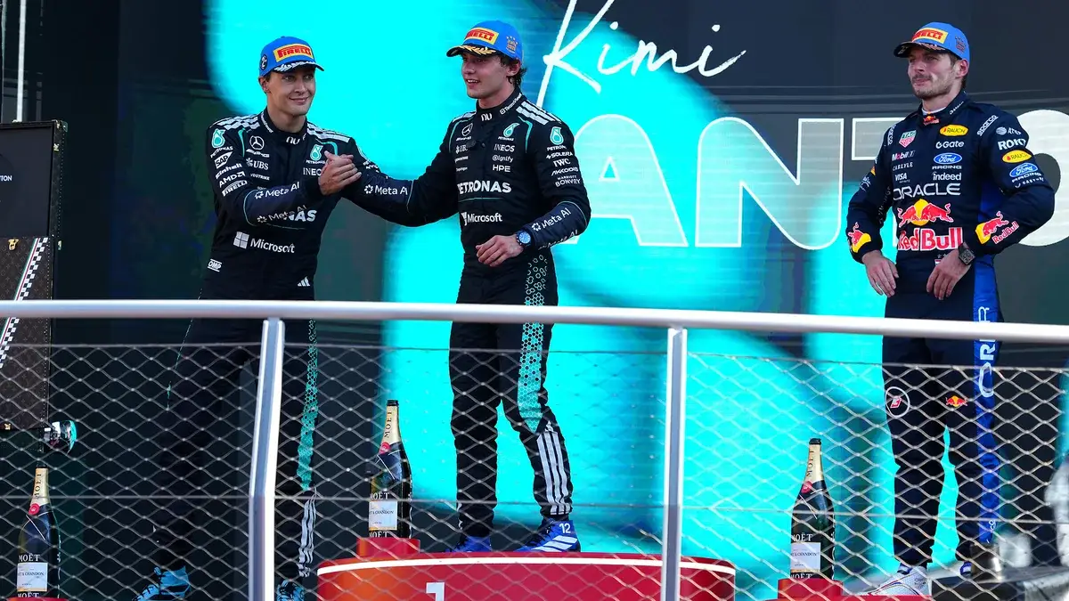 Antonelli, Russell and Verstappen on the Italian Grand Prix podium