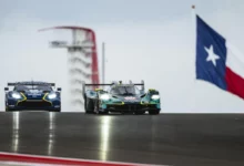 The number 007 Aston Martin Valkyrie leads the number 27 Vantage GT3 at the Circuit of the Americas