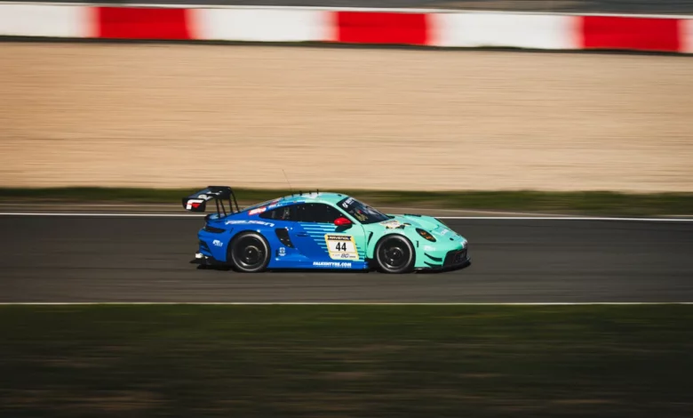 The #44 Falken Motorsports Porsche 911 GT3 R at speed during Friday practice at the Nurburgring
