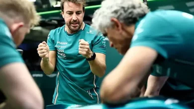 Fernando Alonso in Aston Martin team kit talking with engineers alongside the car