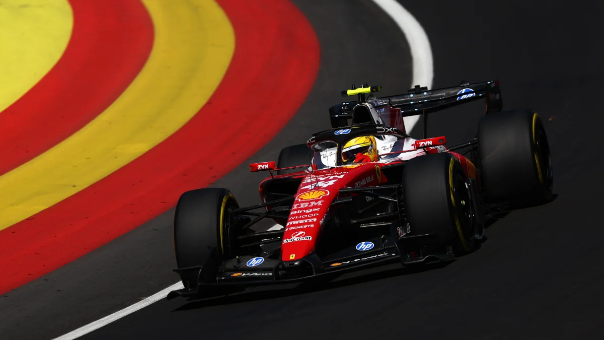 A Ferrari on the kerbs during practice for the Spanish Grand Prix at the Madring