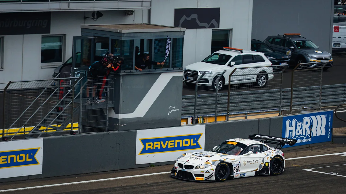 The #888 BMW Z4 GT3 takes the chequered flag at the Nürburgring in the GT3 Revival Series
