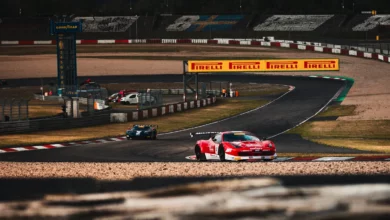 The #87 Storic and Race Cars Ferrari 458 GT3 ahead of the Ford GT at the Nürburgring in the GT3 Revival Series