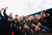 Emil Frey Racing drivers and crew celebrate after Race 2 at Zandvoort