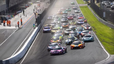 The GT World Challenge Europe field streams away from the start line at Zandvoort