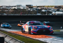 The number 3 Verstappen Racing Mercedes-AMG GT3 over the kerbs during Race 2 at Zandvoort