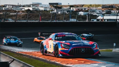 The number 3 Verstappen Racing Mercedes-AMG GT3 over the kerbs during Race 2 at Zandvoort