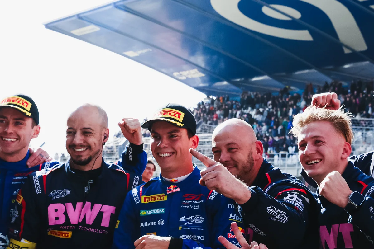 Emil Frey Racing drivers and crew celebrate after winning Race 2 at Zandvoort