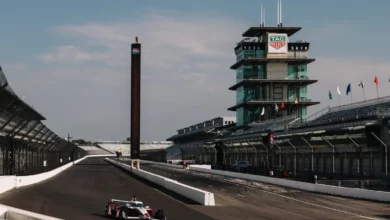 The IndyCar IR-28 on the main straight at Indianapolis Motor Speedway during its first oval test