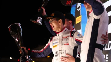 Loek Hartog celebrates on the GT World Challenge Europe podium