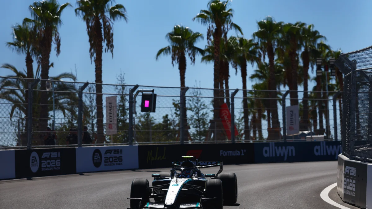 A Formula 1 car on track between the palm trees at the Madring during practice for the 2026 Spanish Grand Prix