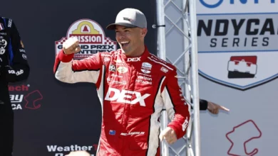 Scott McLaughlin celebrates his Laguna Seca win in victory lane