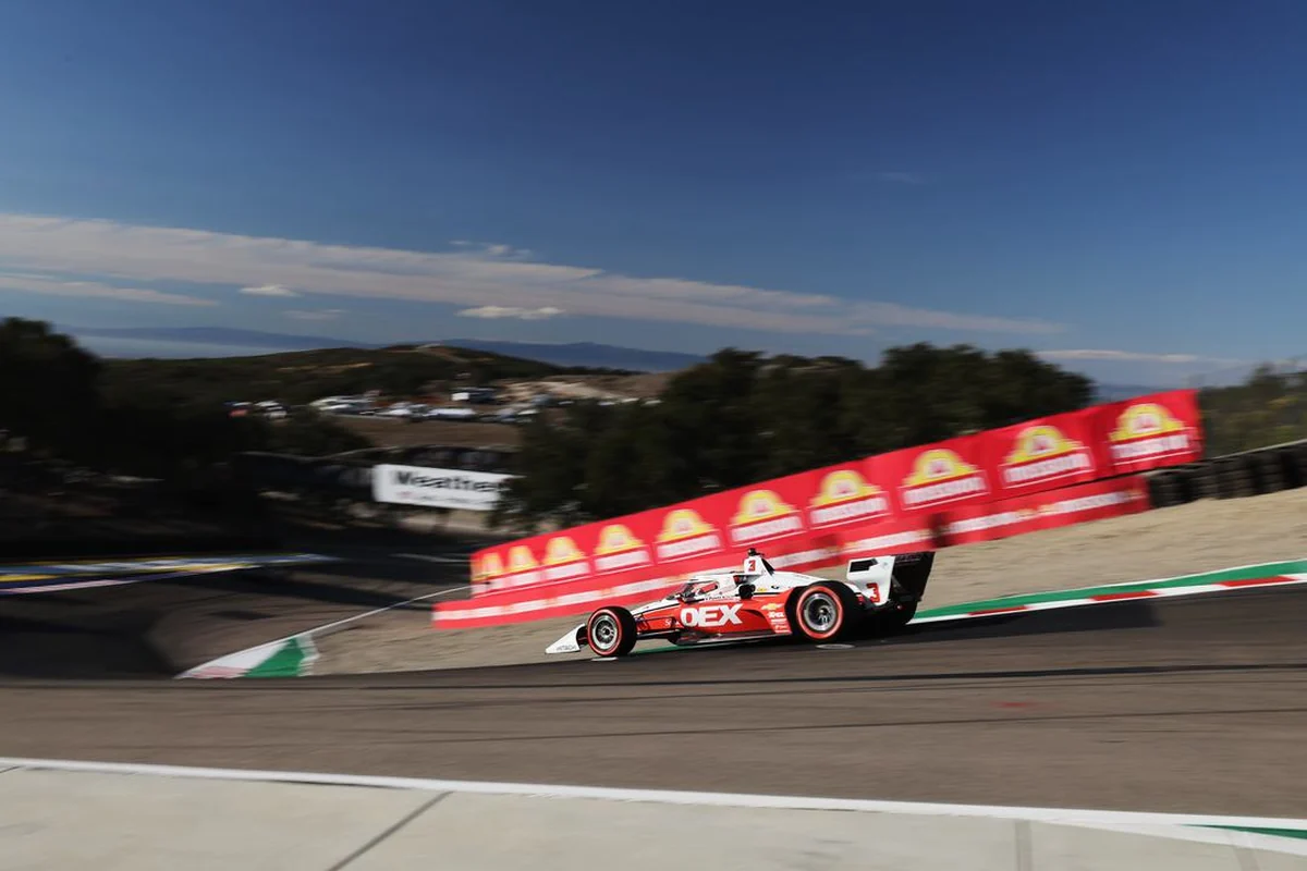 The number 3 Team Penske Chevrolet of Scott McLaughlin at speed at Laguna Seca