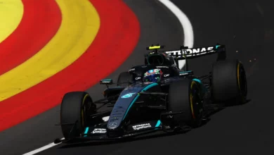 Mercedes on the kerbs during first practice for the 2026 Spanish Grand Prix at the Madring