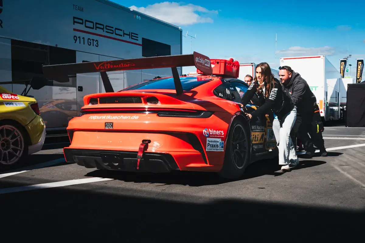 Cars and crews in the Nurburgring paddock during the NLS double header.