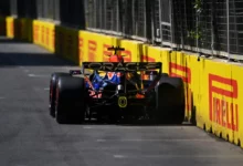 Rear view of a Red Bull RB22 along the Pirelli barriers of the Baku City Circuit on Thursday of the 2026 Azerbaijan Grand Prix