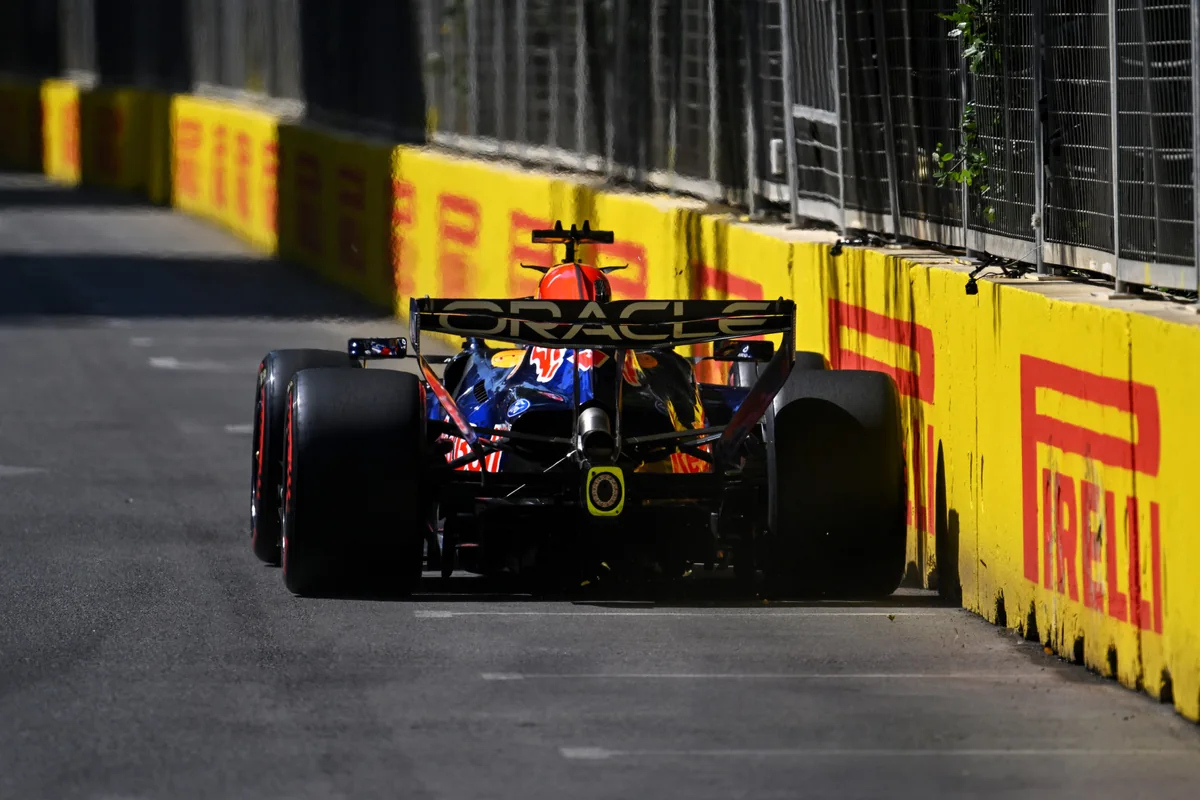 Rear view of a Red Bull RB22 along the Pirelli barriers of the Baku City Circuit