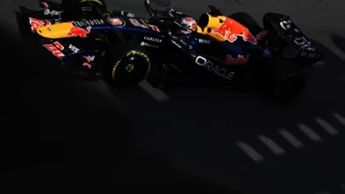 Max Verstappen in the Red Bull RB22 in light and shadow on the Baku City Circuit, Azerbaijan Grand Prix 2026