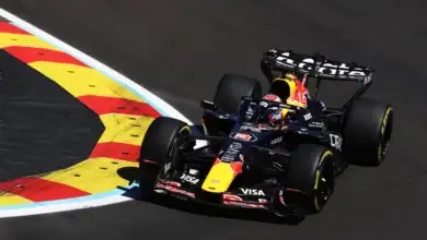 Max Verstappen puts his Red Bull over the red and yellow kerb at the Madring during the 2026 Spanish Grand Prix weekend