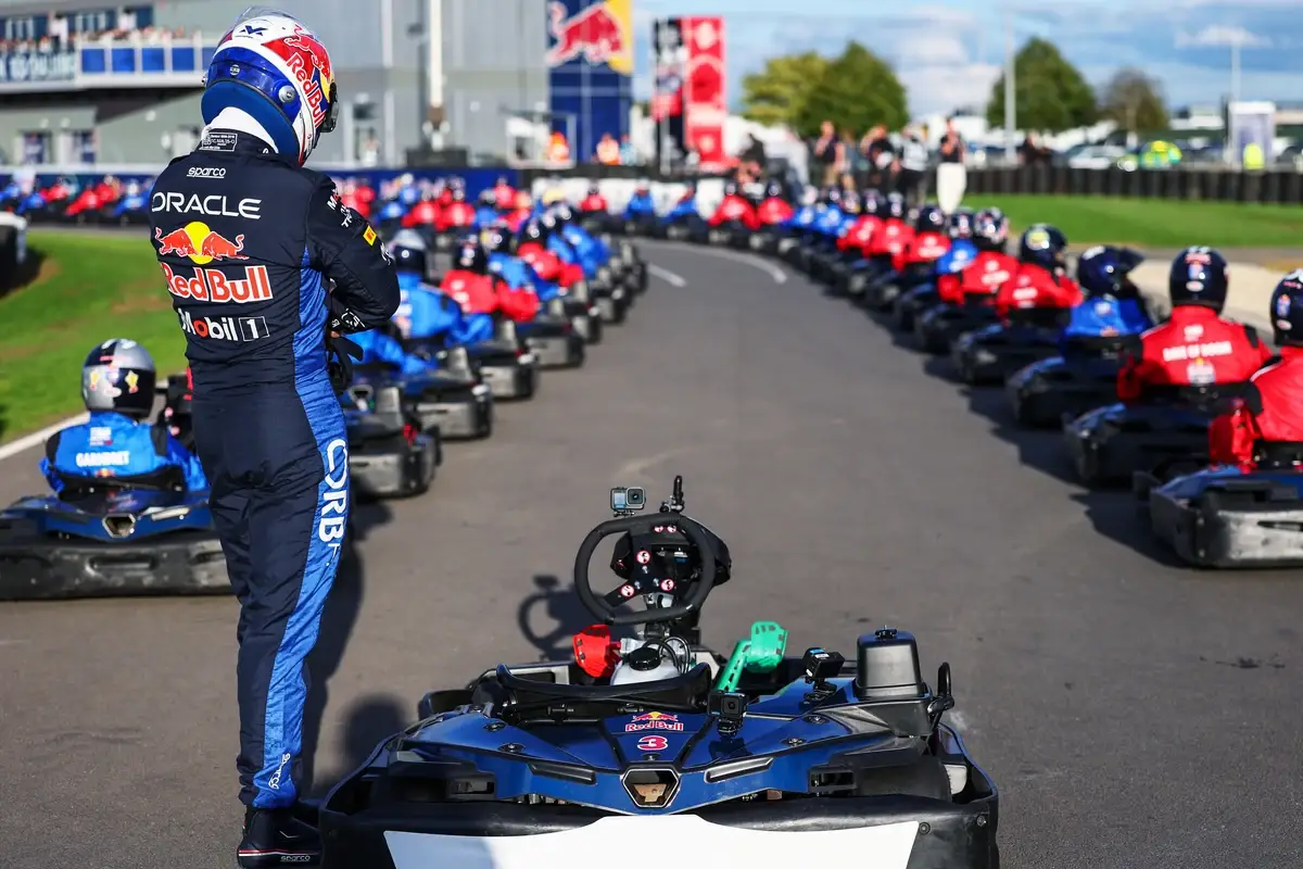 Max Verstappen beside his kart looking at the grid of one hundred karts.