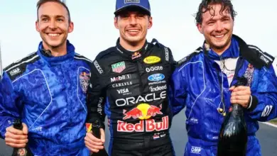 Max Verstappen celebrates with the other podium finishers after Max vs 100 at Silverstone.