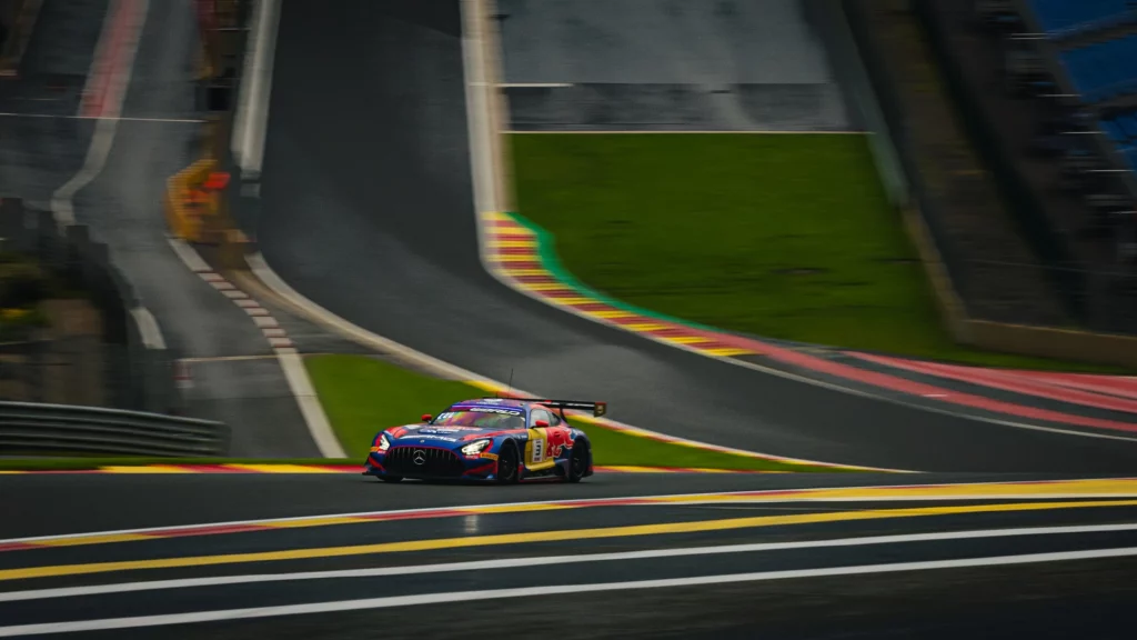 A Mercedes-AMG GT3 panning through Eau Rouge at Spa